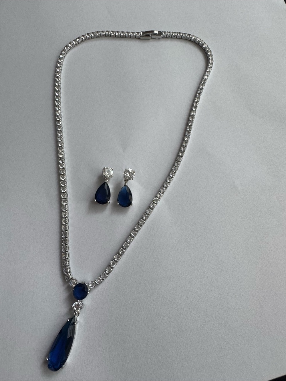 Classic Silver Necklace and Teardrop Earrings Set with Blue Gemstones